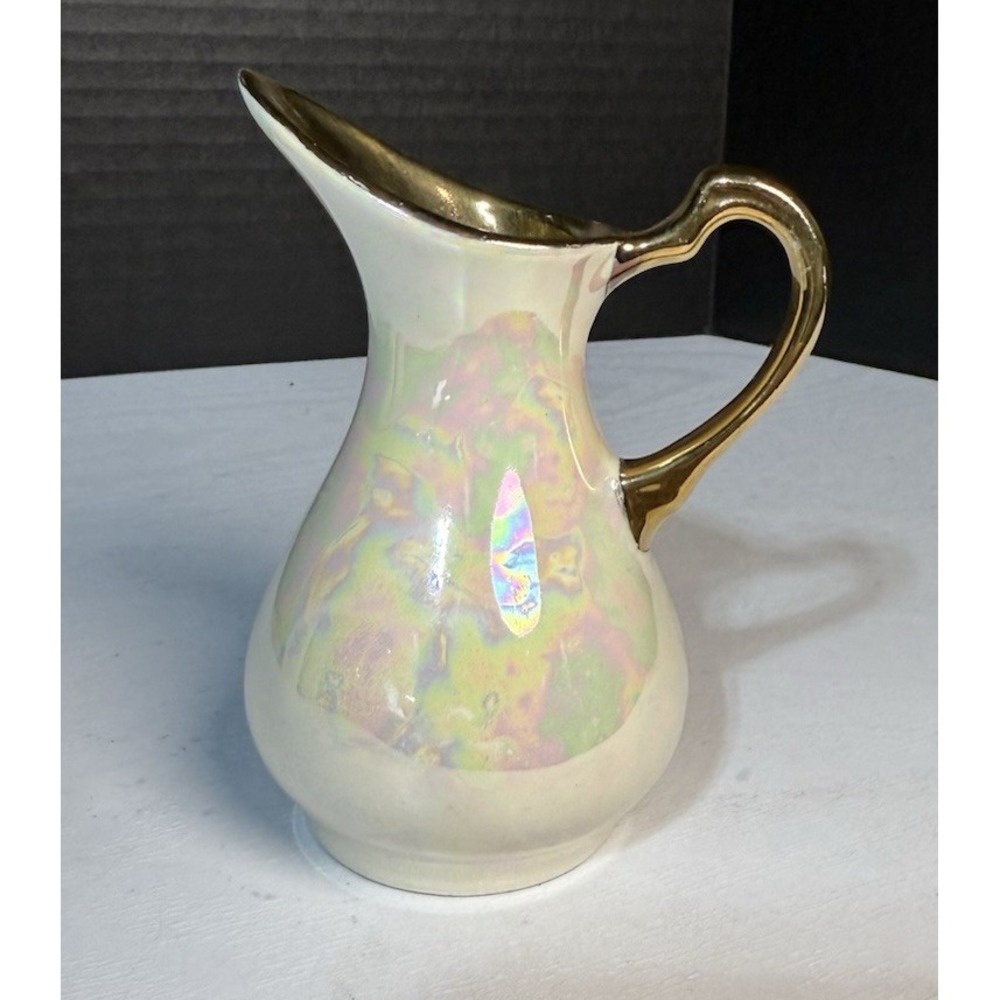 Vintage Fleetwood Small Pitcher white Ivory 22K gold Trim Iridescent 4.25"